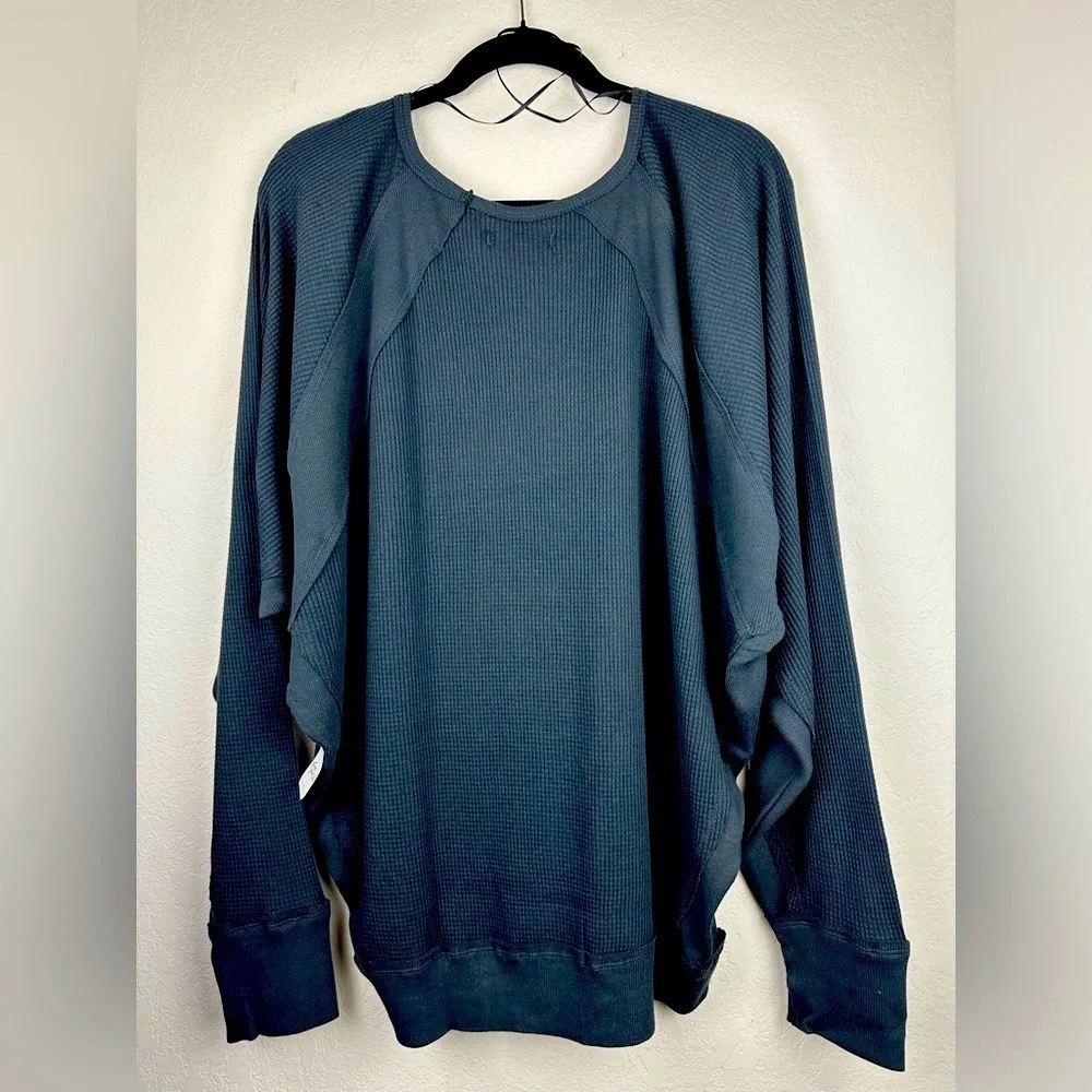 FREE PEOPLE Santa Clara women’s large black waffle knit v-neck pullover top NWT - Picture 6 of 13